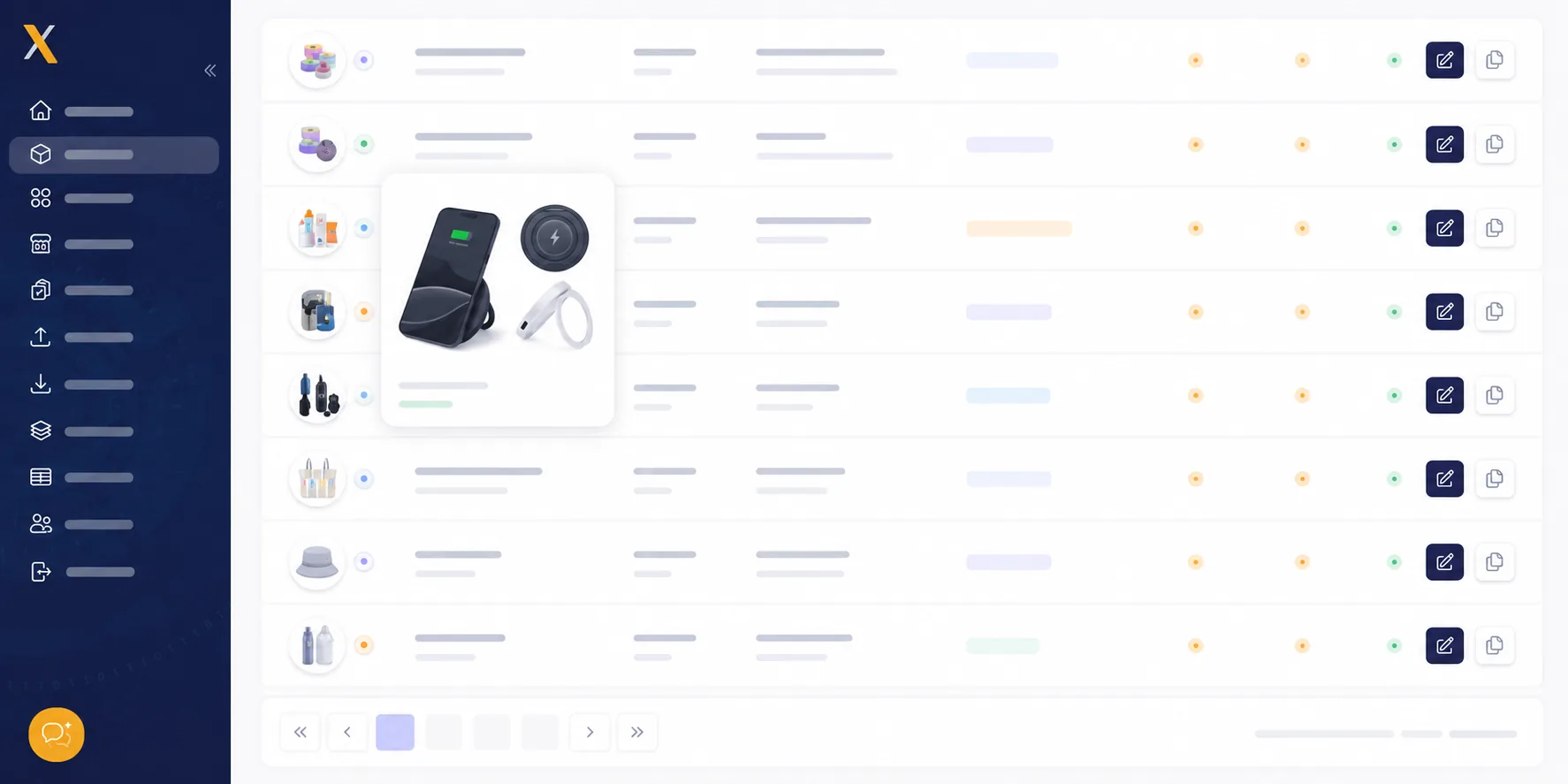 Xada catalogue table showing product rows with thumbnails, status indicators and quick edit actions