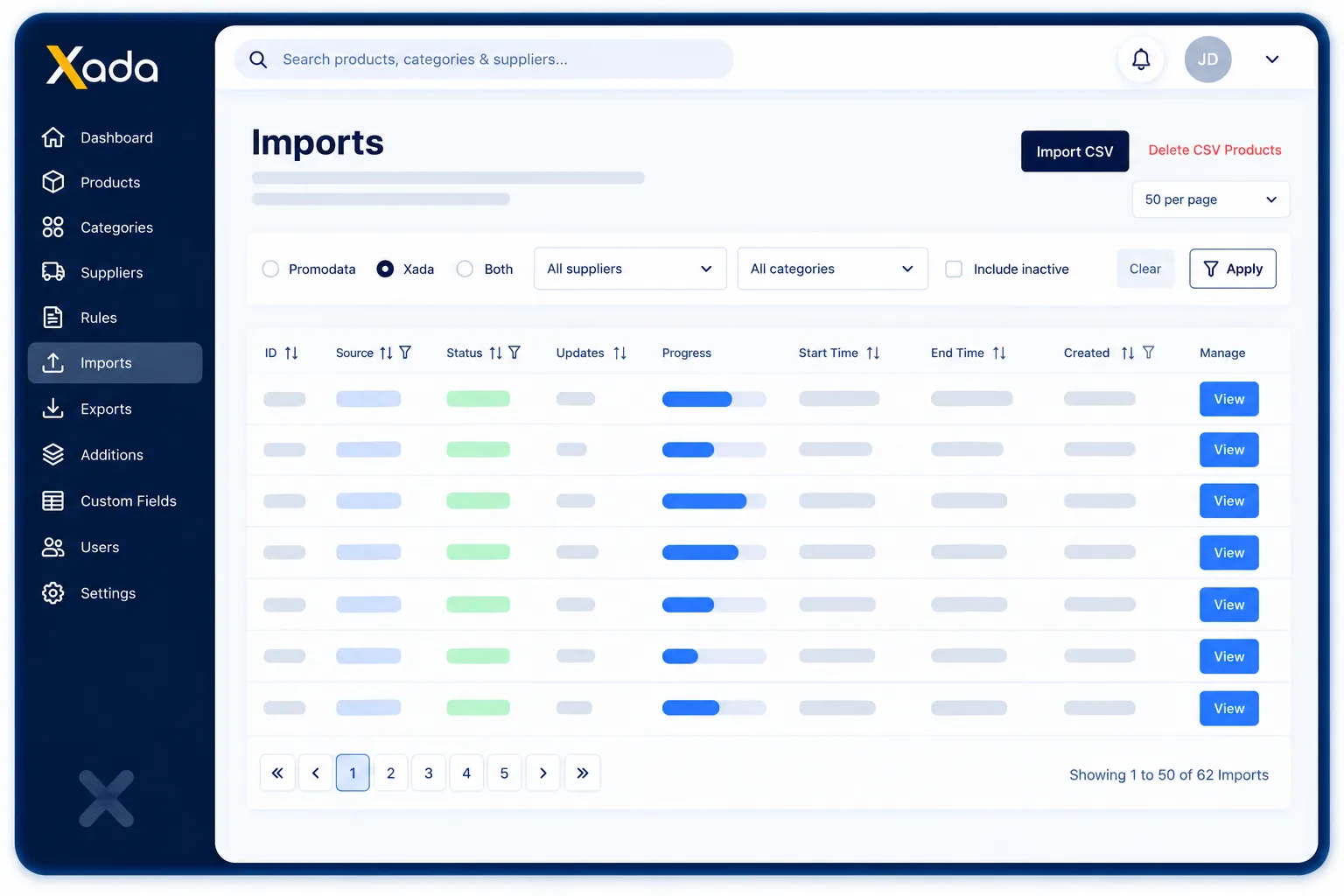 Xada imports screen listing supplier data imports with source, status and progress for each run